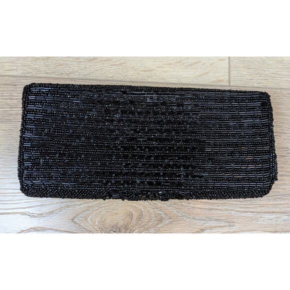 Beaded Clutch Bag Black Seed Bugle Bead Evening Purse Formal Wedding Vintage - Picture 2 of 9